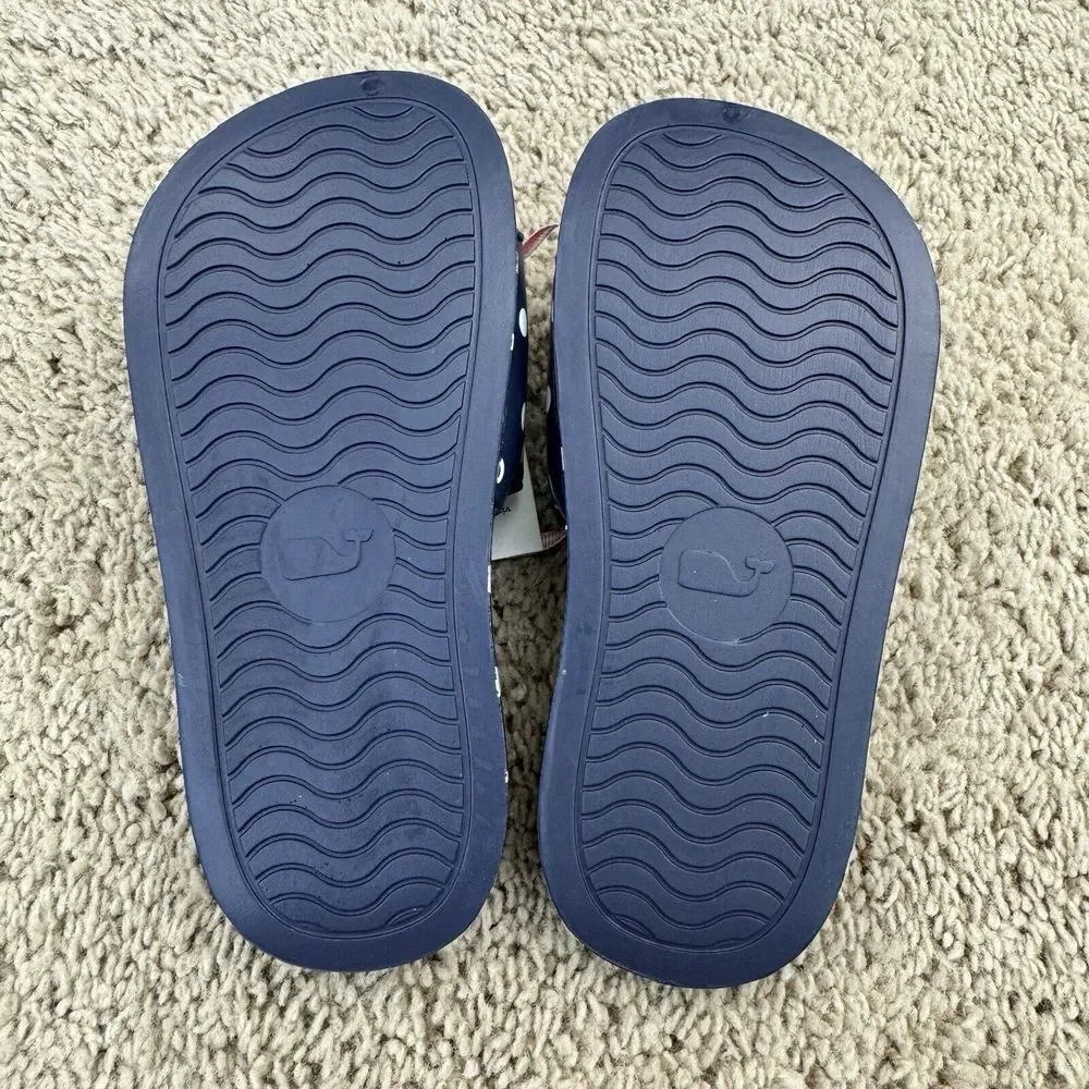 Vineyard Vines Slides Girls 10/11 Navy Polka Dot Whale Logo Poolside Sandal‎ NWT